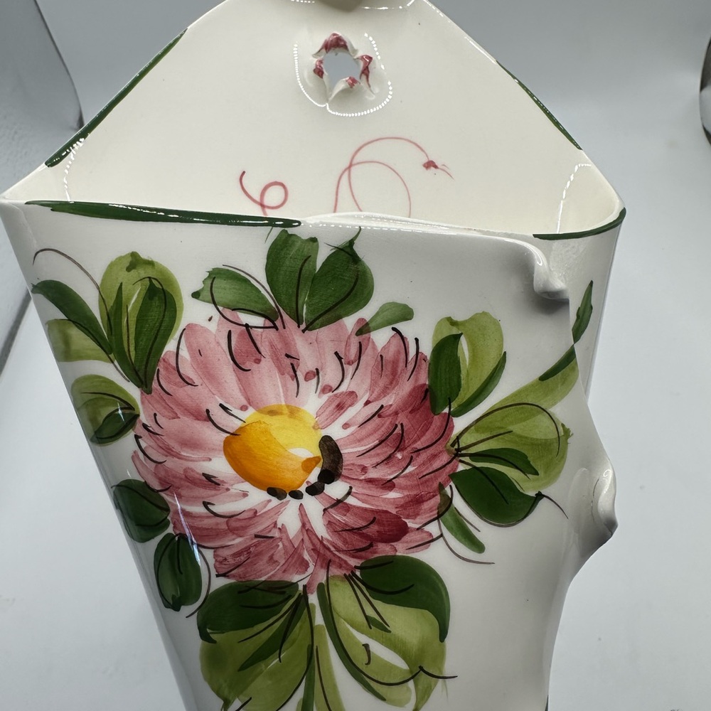 Hand-Painted Floral Cone Shaped Wall Pocket Vase Made In Italy - Picture 7 of 9